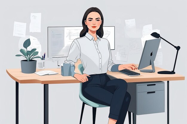 Minimalist Illustration of a Stylish Woman in Casual Office Attire Generative AI