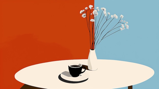 A minimalist illustration of a table with a vase of flowers and a cup of coffee