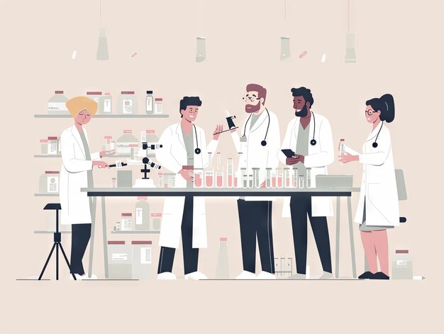 Minimalist illustration Teamwork a group of doctors and nurses are working in the lab