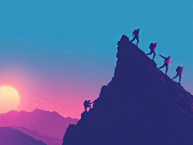 Minimalist illustration Teamwork a group of office staff are climbing up the mountain cliff