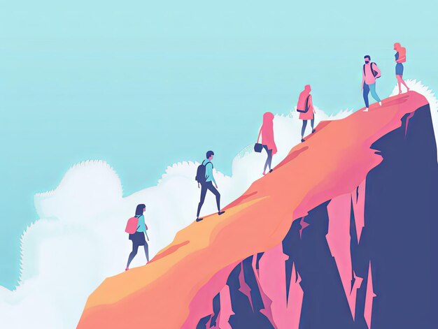 Minimalist illustration Teamwork a group of office staff are climbing up the mountain cliff