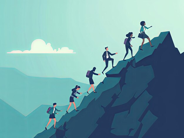 Minimalist illustration Teamwork a group of office staff are climbing up the mountain cliff