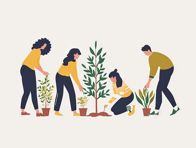 Photo minimalist illustration teamwork a team is planting trees together