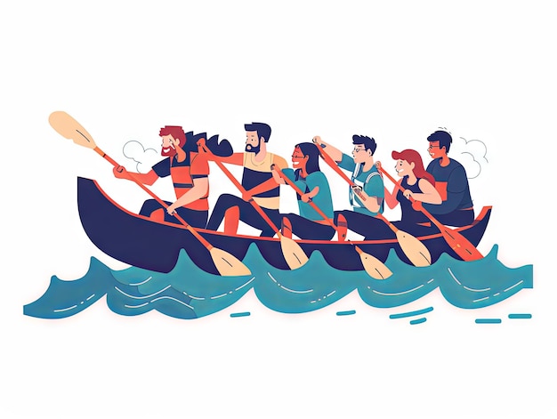 Photo minimalist illustration teamwork a team is rowing a boat together to overcome waves