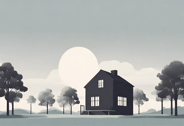 Minimalist illustration with a house and trees version 3