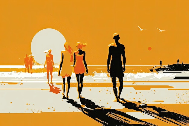 Минималистская иллюстрация с людьми на пляже, наслаждающимися солнцем и водой