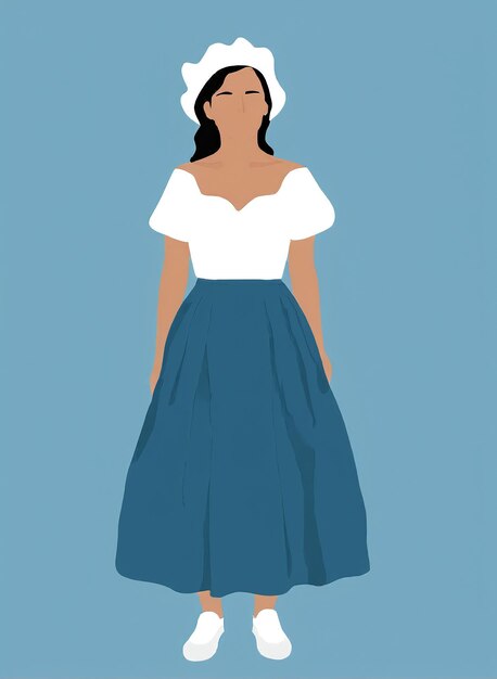 Photo minimalist illustration a woman in a blue skirt and white shirt