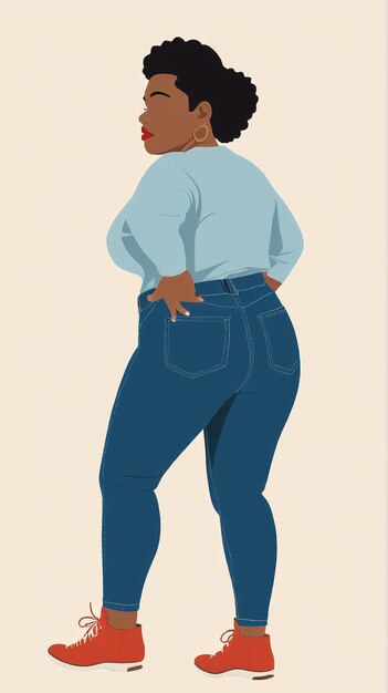 Photo minimalist illustration a woman in jeans and a blue shirt standing with her hands on her hips