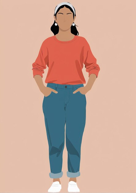 Foto illustrazione minimalista una donna con una camicia rossa e jeans blu in piedi con le mani sui fianchi