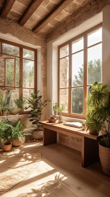 minimalist image of a Mediterranean house warm colors and details Mediterranean plants Generative