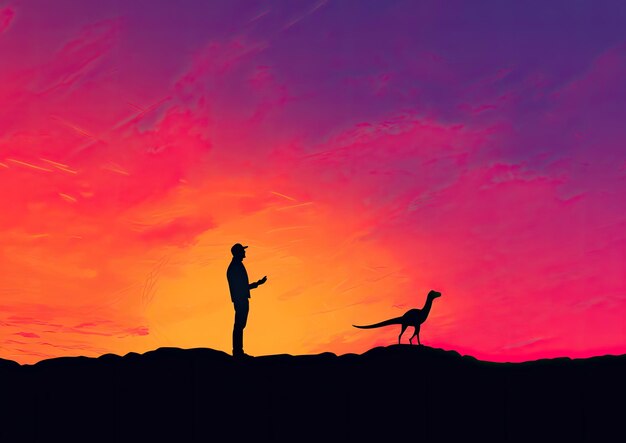 A minimalist image of a paleontologist's silhouette against a colorful sunset sky holding a