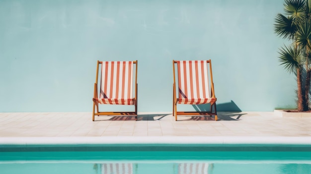 minimalist image two sunbeds near a blue pool