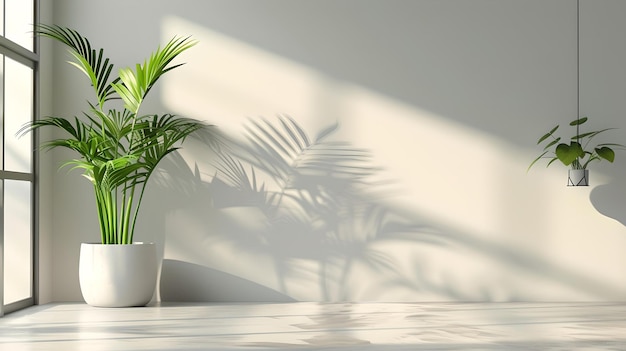 Minimalist indoor space with natural sunlight and potted plants serene interior for calm living modern decor with greenery peaceful room design AI