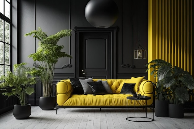 A minimalist industrial living room in black with a yellow sofa