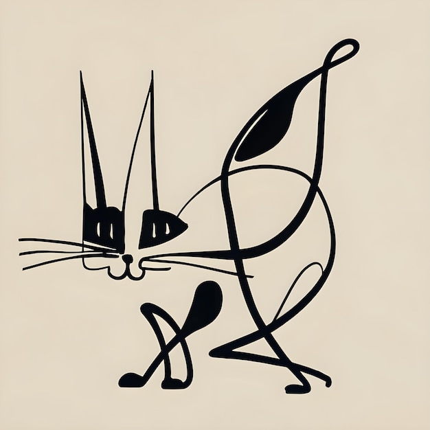 Minimalist ink drawing abstract image of the graceful figure of a cat