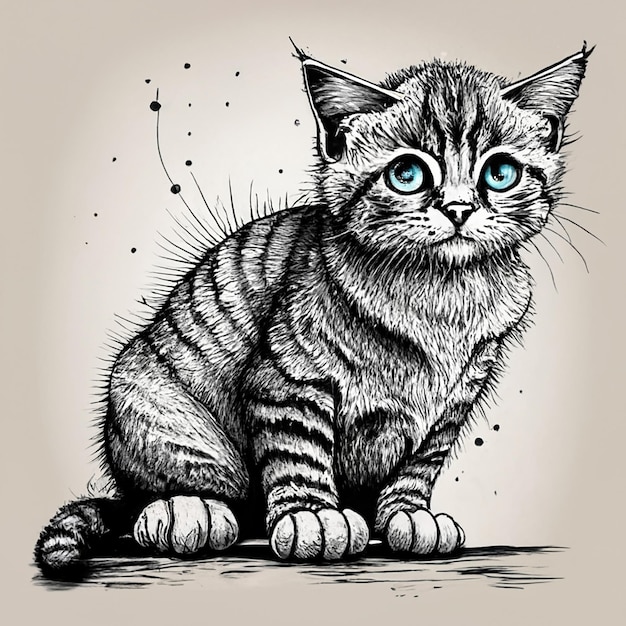 Foto punto di fuga del gattino carino in stile minimalista con disegno a inchiostro su disegno professionale di carta bianca