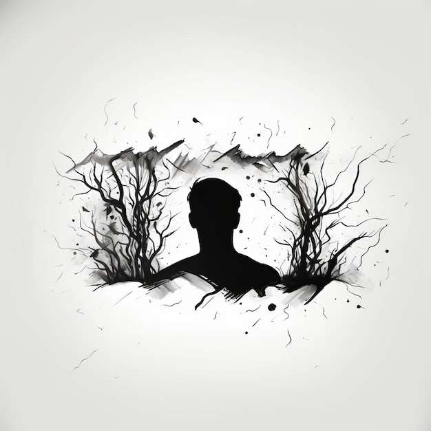 Foto illustrazione minimalista con macchie d'inchiostro di un uomo a silhouette negli alberi