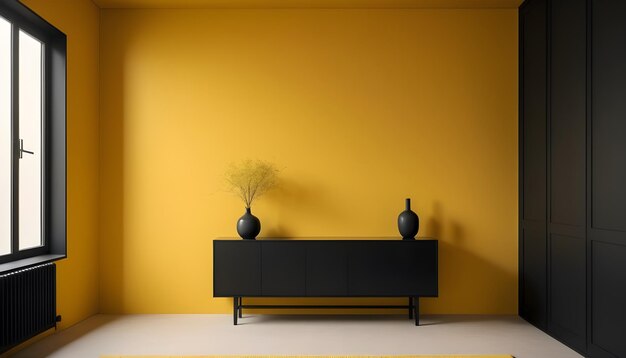 Minimalist interior background with black cabinet and yellow wall