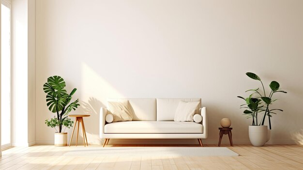 Minimalist interior of a bright living room on empty white wall background