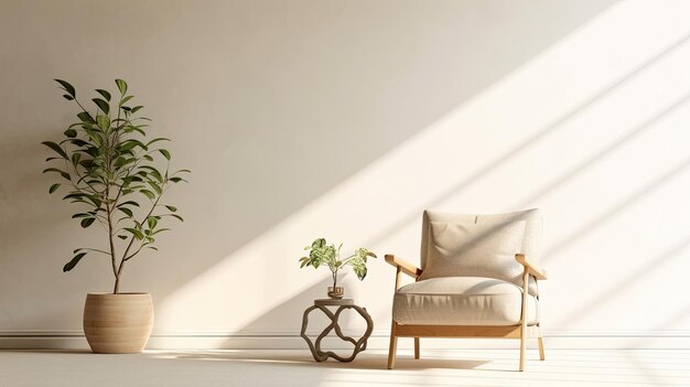 Minimalist interior of a bright living room with armchair on empty white wall background