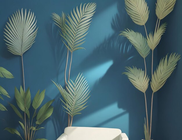 Минималистский дизайн интерьера 3D рендеринг синей стены с пальмовыми листьями, созданный Ai
