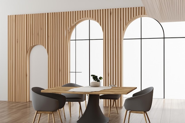 Photo minimalist interior design of modern dining room with abstract wood paneling arched wall ai generat