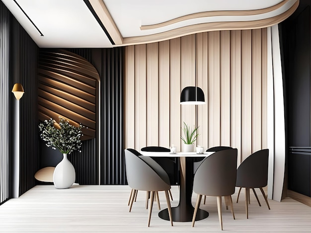 Minimalist interior design of modern dining room with abstract wood paneling arched wall