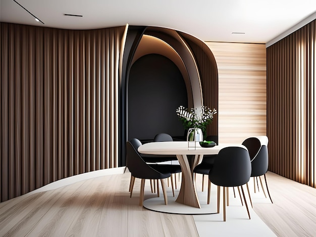 Minimalist interior design of modern dining room with abstract wood paneling arched wall