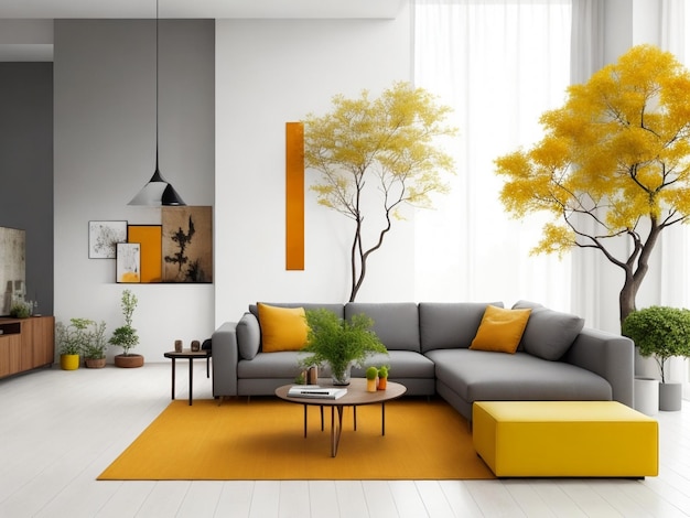 The minimalist interior design of the modern living room with colorful tree