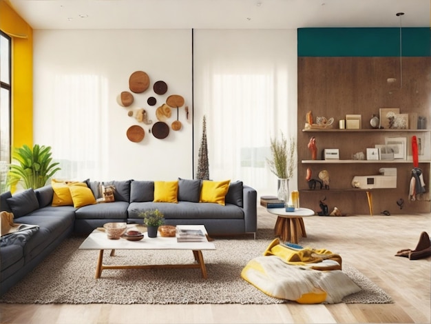 다채로운 나무 를 가진 현대적 인 거실 의 미니멀리즘 인테리어 디자인