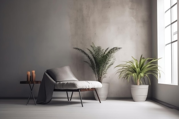 コンクリートの植木鉢に観葉植物を置き、おしゃれな家具を備えたミニマルなインテリア デザイン