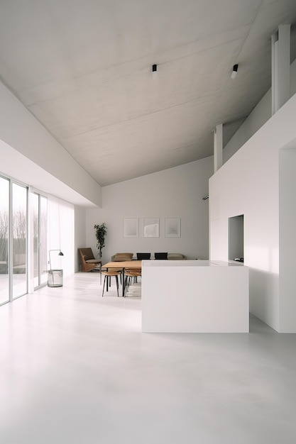 Минималистский дизайн интерьера с белыми бетонными стенами и большими окнами Generative Ai