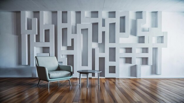 リビングルームのミニマリストインテリア - デザインアームチェアとテーブルを白い壁に3dレンダリング