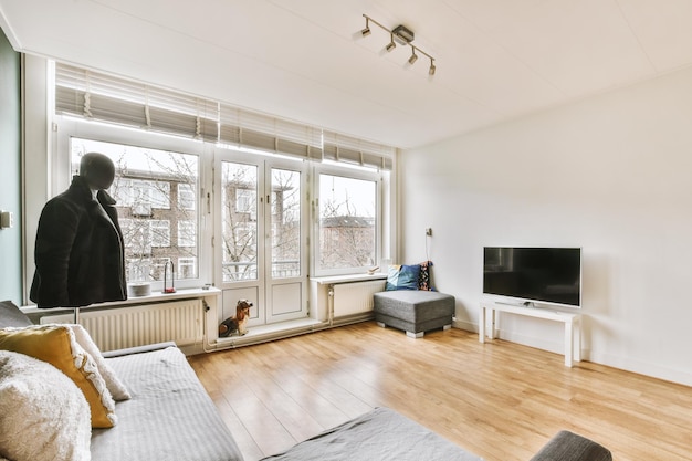 Minimalist interior of living room with wooden furniture