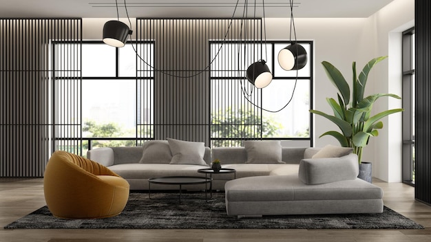 Minimalist Interior of modern living room 3D rendering