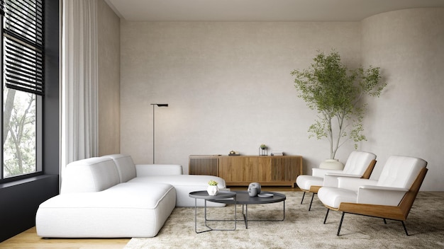 Minimalist Interior of modern living room 3D rendering