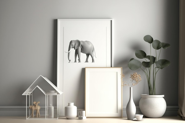 La scena interna minimalista contiene statuette di elefante con termometro  da parete con motivo a freccia e una cornice per poster mockup di vaso  sullo sfondo interno della casa