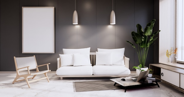 Minimalist interior ,Sofa furniture and plants, modern black room design.3D rendering