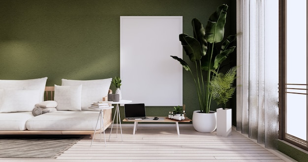 Interni minimalisti, mobili e piante per divani, design moderno della camera verde. rendering 3d