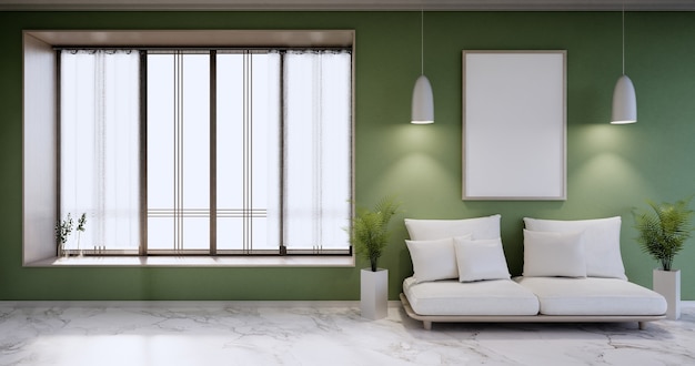 ミニマリストのインテリア、ソファの家具や植物、モダンな緑の部屋のデザイン。3Dレンダリング