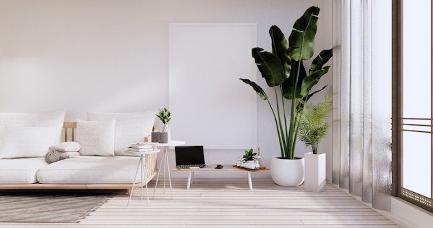 Minimalist interior ,sofa furniture and plants, modern room design.3d rendering