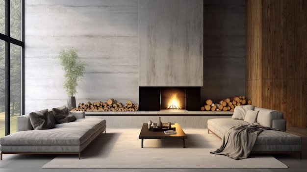 Minimalist interior style of modern living room with sofa fireplace and concrete walls