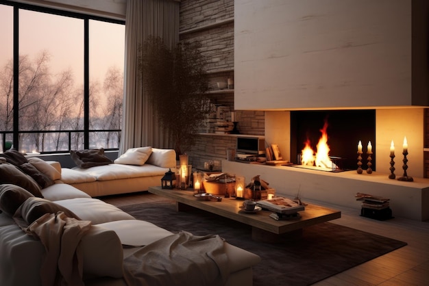 Minimalist interior style of modern living room with sofa fireplace and concrete walls