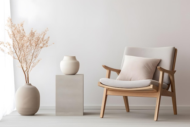 minimalist interior styling modern decor modern furniture beige armchair armchair against blank wall