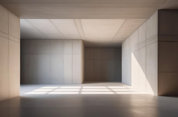 Minimalist interior with beige walls concrete floor in an empty room Sunlit architectural space