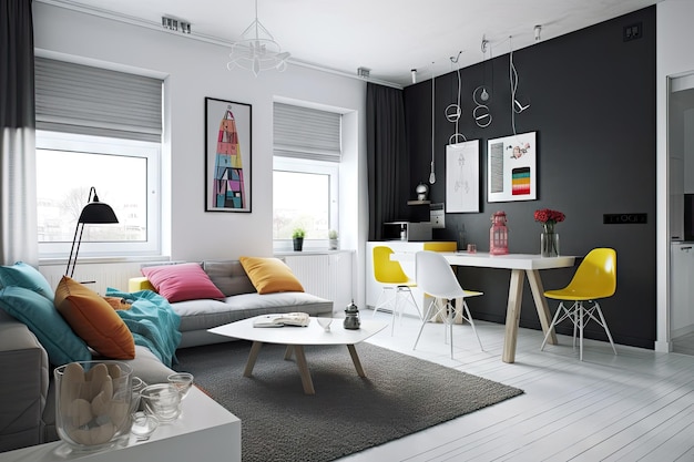 Photo minimalist interior with bright pops of color and graphic elements