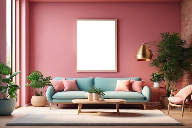 minimalist interior with empty poster Frame mockup Modern living room 3d AI generation