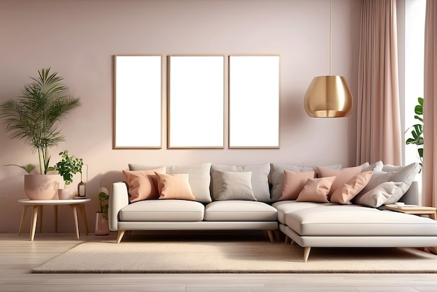 minimalist interior with empty poster Frame mockup Modern living room 3d AI generation