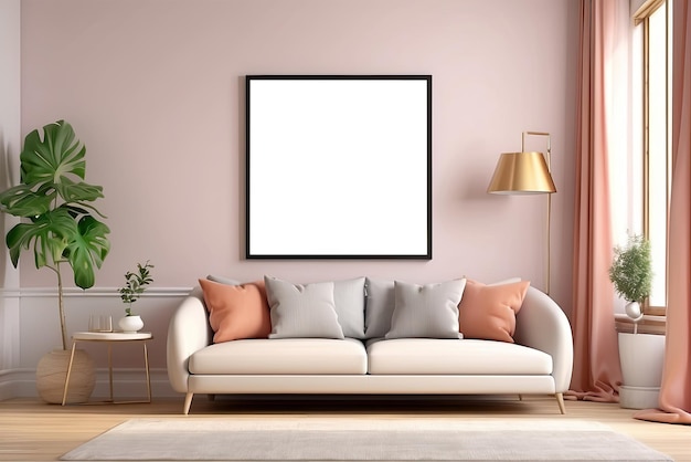 minimalist interior with empty poster Frame mockup Modern living room 3d AI generation