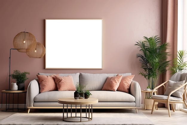 minimalist interior with empty poster Frame mockup Modern living room 3d AI generation